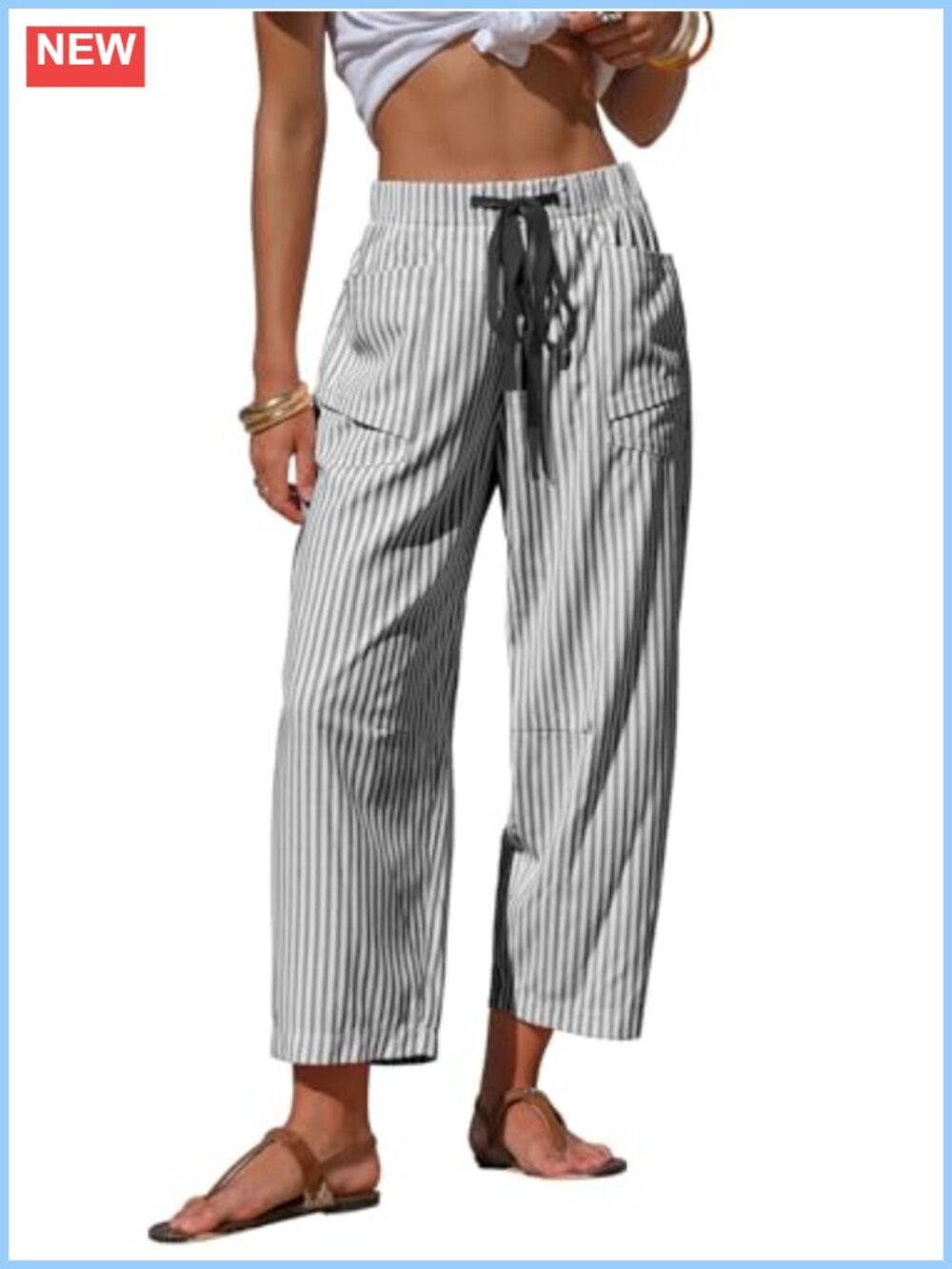 Womens Faux Linen Striped Barrel Capri Pants Drawstring Trousers